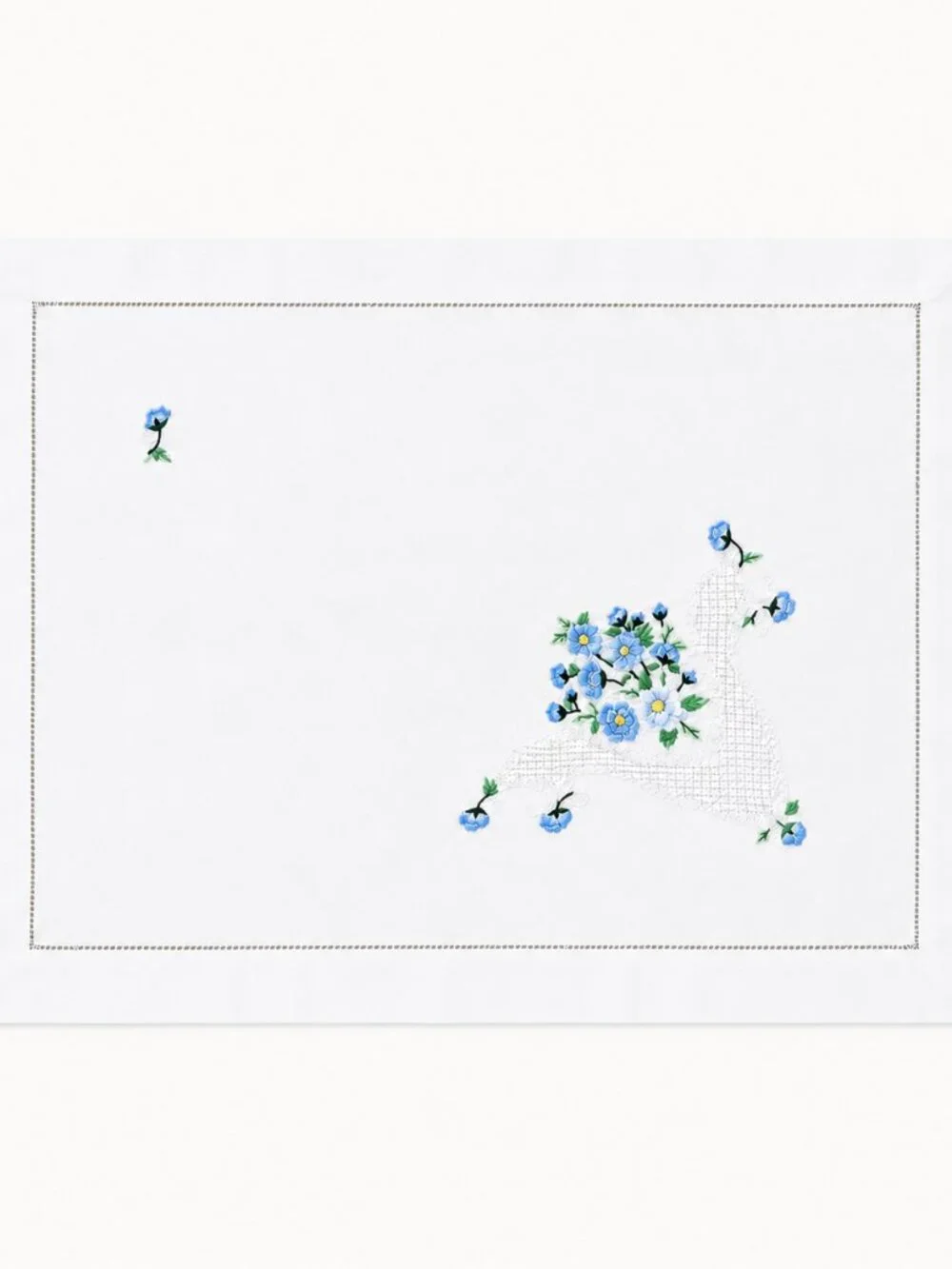 Hand Embroidered Cotton Pillow Sham Blue Floral Hemstitch 29x23.5